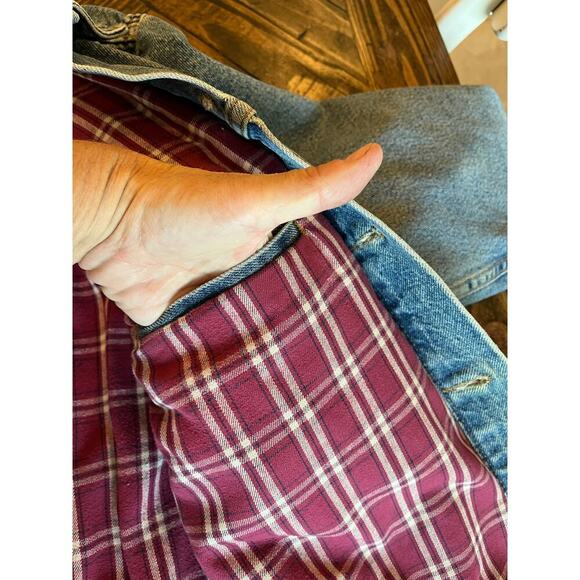 VTG Levi’s Plaid Lined Blue Jean Trucker Jacket Men Medium Grunge Neutral Flaw - Picture 15 of 16